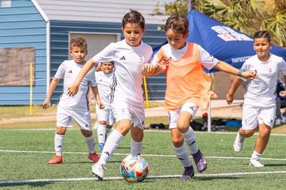 Young players training during a Fundación Real Madrid soccer camp in Calgary